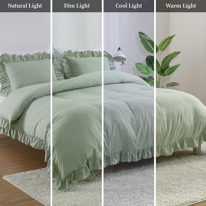 Ruffle Duvet Cover King Size, Sage Green, 104x90 in - Image 7