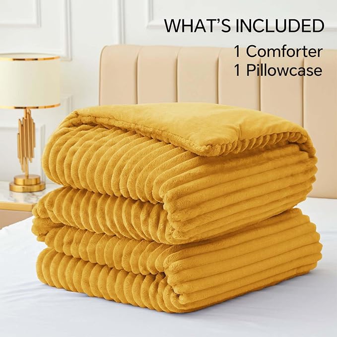 BEDELITE Fleece Twin Comforter Set -Super Soft & Warm Fluffy Mustard Yellow - Image 6