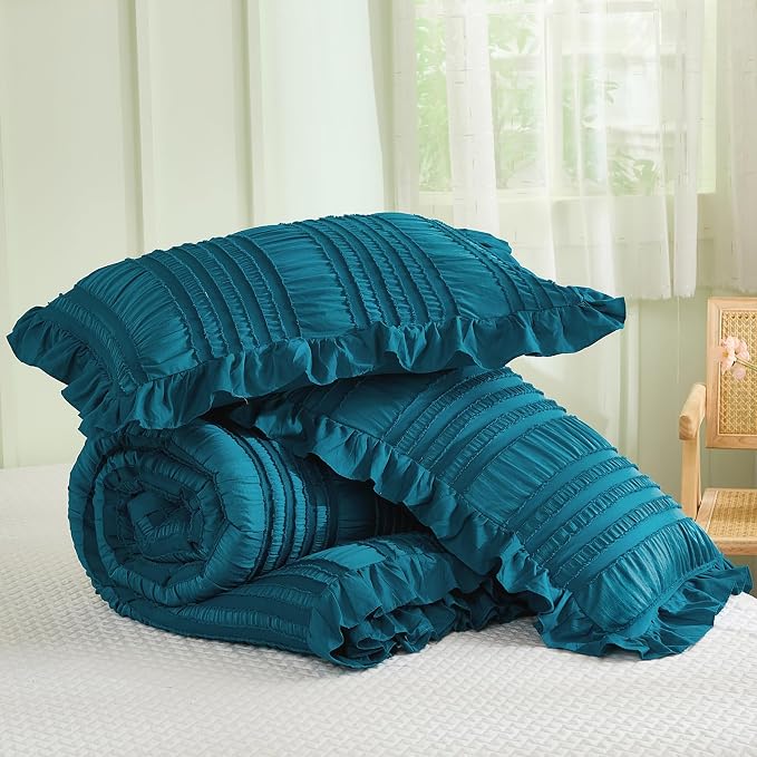 WONGS BEDDING Teal Comforter Set King, 3 Pieces Ruffle Farmhouse Shabby Chic - Image 7