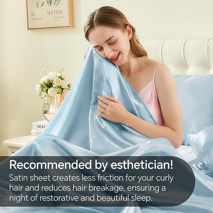 BEDELITE Satin Sheets Full Size Bed Set, Luxury Soft Light Blue Silky Sheet - Image 4