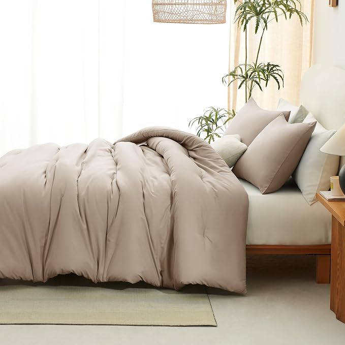 CozyLux Full Size Comforter Set Wheat, 3 Pieces Solid Breathable Quilted - Image 7
