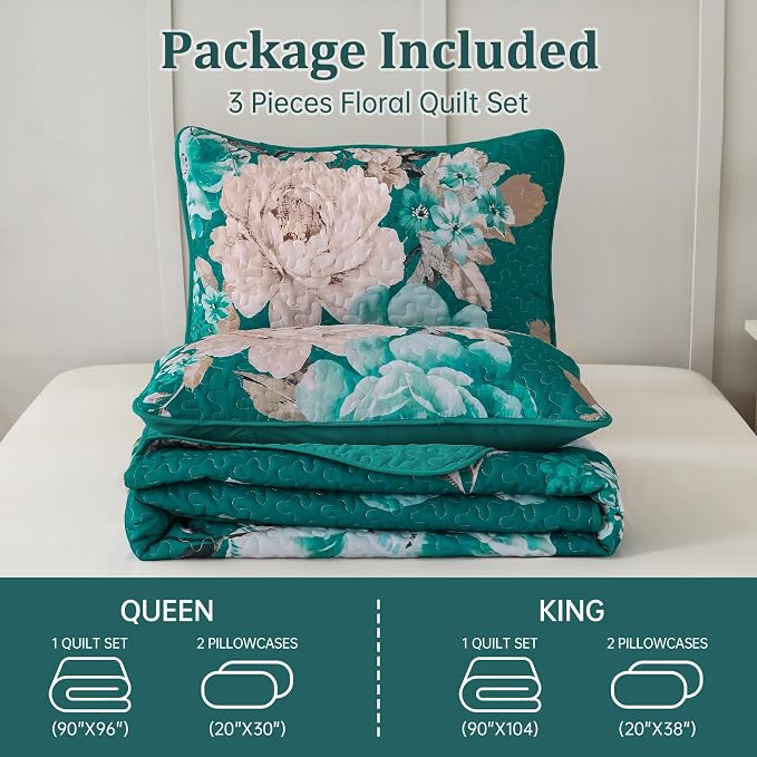 WONGS BEDDING Teal Boho Floral Quilt Set King, 3 Pieces Elegant Flower - Image 8