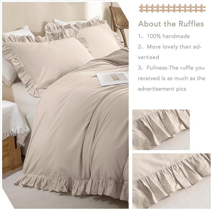 QSH Beige Khaki Ruffle Duvet Cover Queen Size Washed Cotton - Image 5