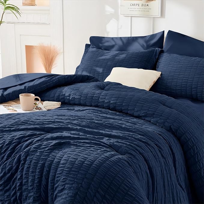 HYMOKEGE Navy Blue Twin Size Duvet Cover, Ultra Soft 2-Piece Seersucker Duvet - Image 6