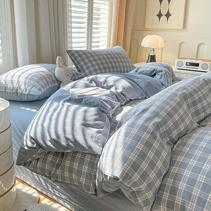 Nayoroom Plaid Duvet Cover Queen Size Blue Checkered Gingham Duvet Cover 3 Pcs by Nayoroom