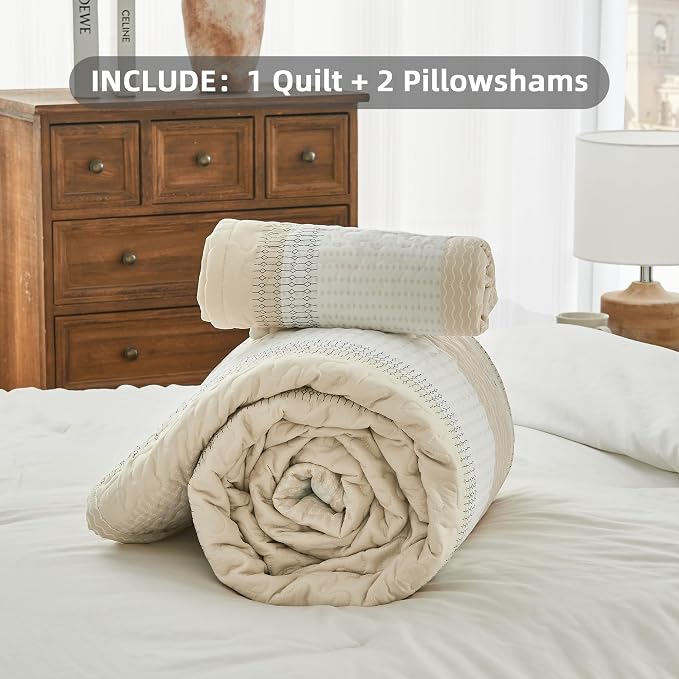 Andency King Size Quilt Set Beige, 3 Pieces Beige Ultra Soft Lightweight - Image 7