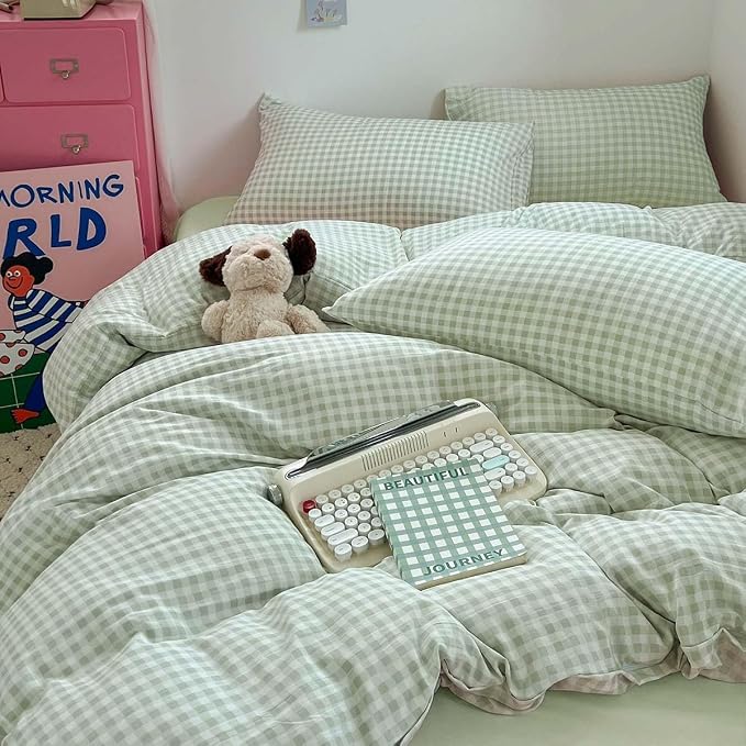 Nayoroom Green Gingham Duvet Cover Full Size Plaid Dorm Bedding Set 3 Pieces - Image 4
