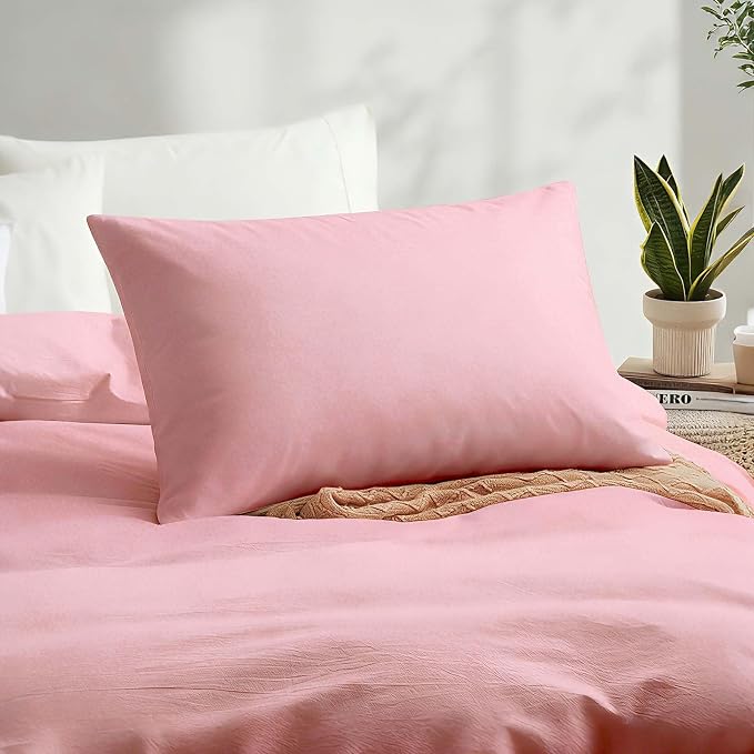LOVQUE Pink Cotton Duvet Cover Twin Size, Linen Like Natural Bedding Set - Image 3