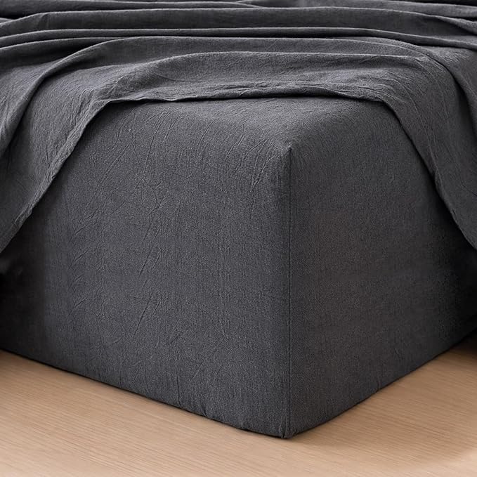 MooMee Fitted Bottom Sheet Only 100% Washed Cotton Linen Like Textured by MOOMEE