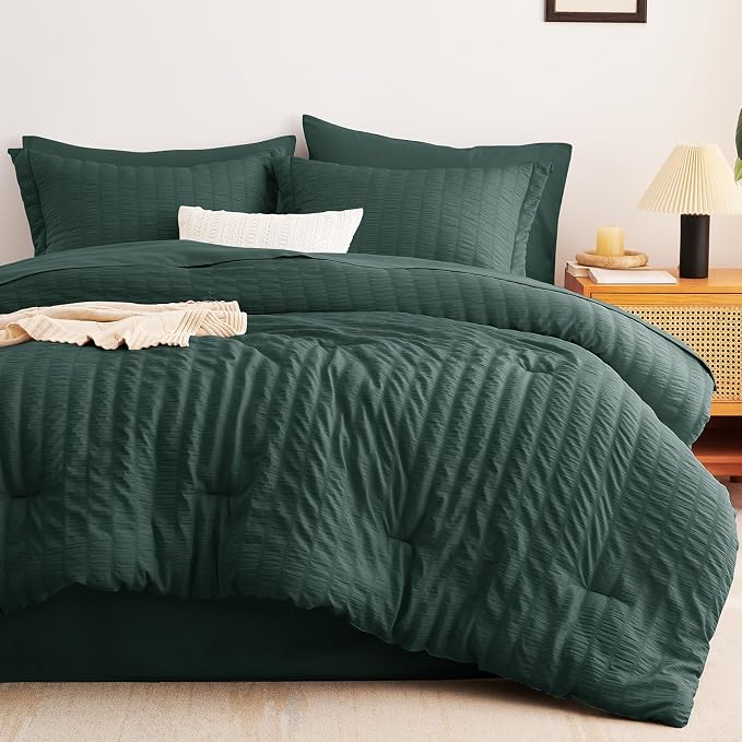 CozyLux Oversized Queen Comforter Set Forest Green Seersucker 7 Pieces 98x98 - Image 9