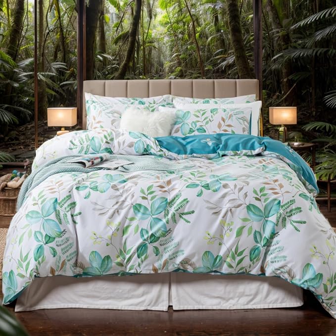 FADFAY Botanical Duvet Cover Sets Full Size 100% Cotton Teal Green Leaves by CottonWorldSweetDream