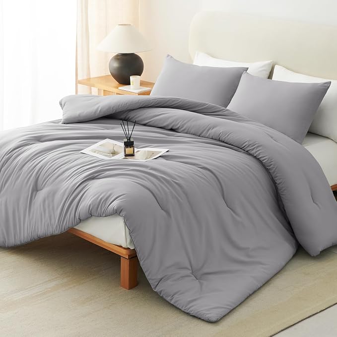 CozyLux Queen Comforter Set Grey, 3 Pieces Solid Comforters Queen Size by CozyLux