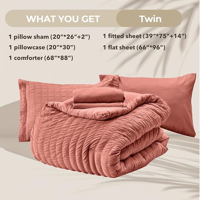 HYMOKEGE Coral Twin Comforter Set Seersucker 5 Pieces, All Season Luxury Bed in - Image 6