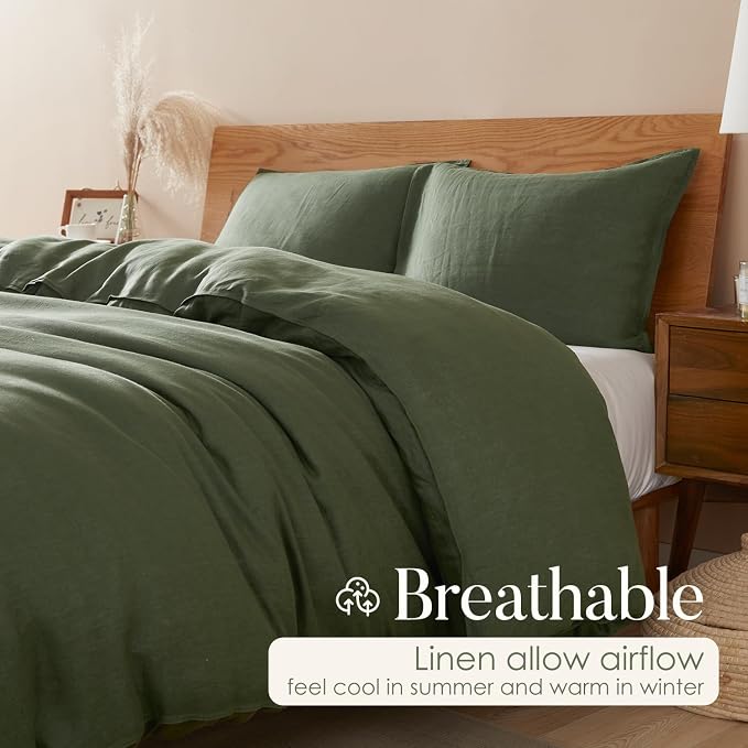 DAPU 100% Linen Olive Green Duvet Cover Set, Pure Natural French Flax Linen - Image 3