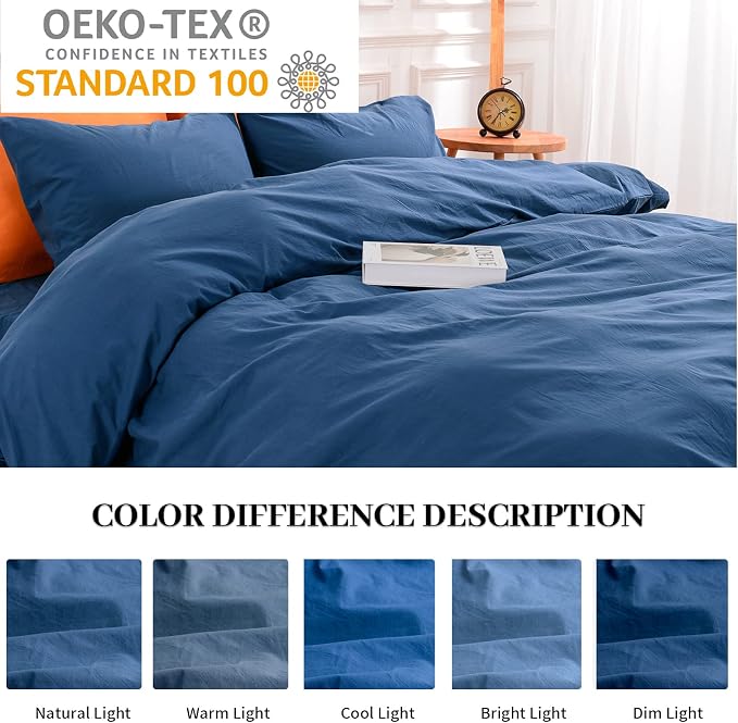 NEXHOME PRO Duvet Cover Set Queen Size Linen Feel Textured Navy Organic Natural - Image 2