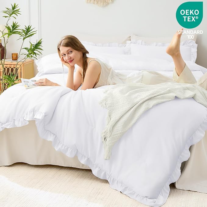 FUANNA King Size Comforter Set White, 3 Pieces Ruffle King Bedding Set - Image 3
