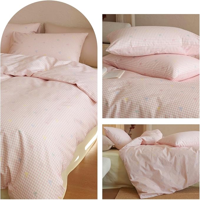 mixinni Gingham Duvet Cover Queen Size, 100% Cotton Light Pink and White - Image 7