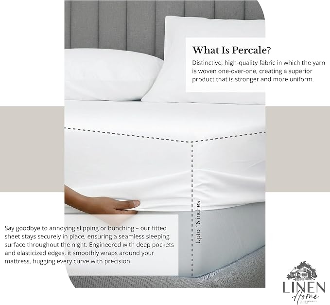 Linen Home 100% Cotton Percale Sheet Set, King Size, Snow White, Deep Pocket - Image 4