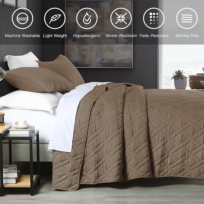 HORIMOTE HOME Quilt Set Twin Size Pine Bark, Classic Geometric Diamond Stitched - Image 2