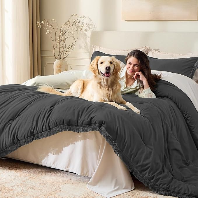 Andency Comforter Set Oversized King Dark Grey 120x120, 3 Pieces Boho Fall - Image 3