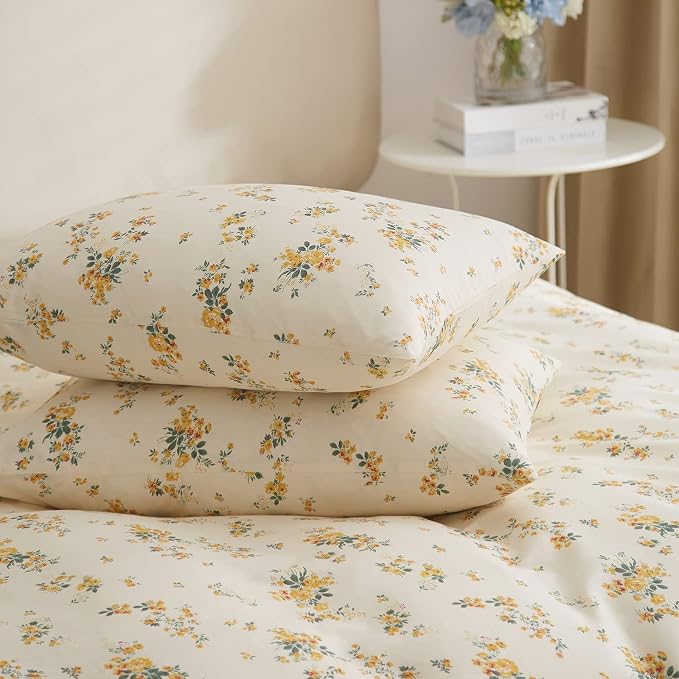 mixinni Aesthetic Floral Duvet Cover Set King Size, Farmhouse Boho Yellow - Image 5