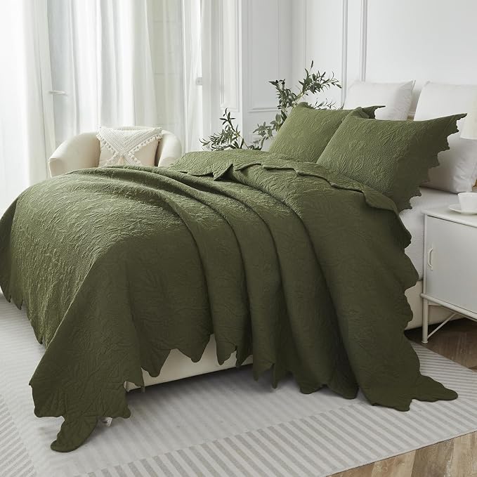 Brandream Olive Green Floral Vine Cotton Quilt Set King Size Luxury Scalloped - Image 8