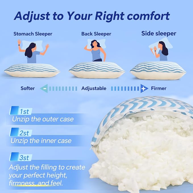 SLEEPDIARY King Size Pillows Set of 2 – Adjustable Shredded Memory Foam Cooling - Image 5