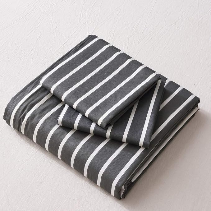 JELLYMONI 100% Natural Cotton 3pcs Striped Duvet Cover Sets, Dark Grey - Image 9