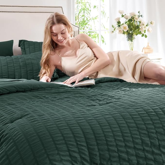 CozyLux Oversized Queen Comforter Set Forest Green Seersucker 7 Pieces 98x98 - Image 3