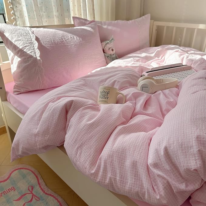 mixinni Pink Gingham Duvet Cover Full Size by mixinni