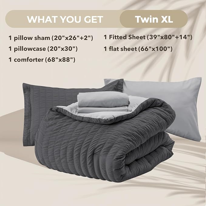 HYMOKEGE Dark Grey/Light Grey Twin XL Comforter Set Seersucker 5 Pieces - Image 5