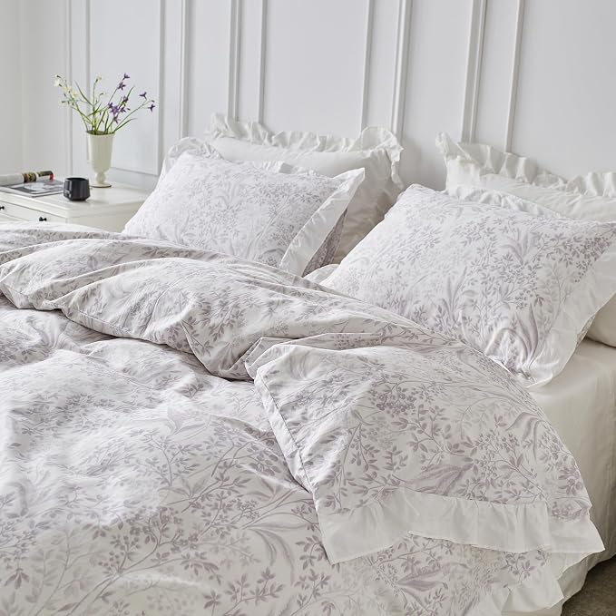 SUSYBAO Lilac Flower Duvet Cover King 100% Cotton 3 Pcs Set 1 Lilac Purple - Image 2