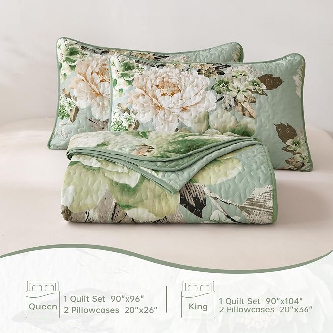WONGS BEDDING Floral Quilt Set Queen, Sage Green 3 Pieces Elegant Flower - Image 7