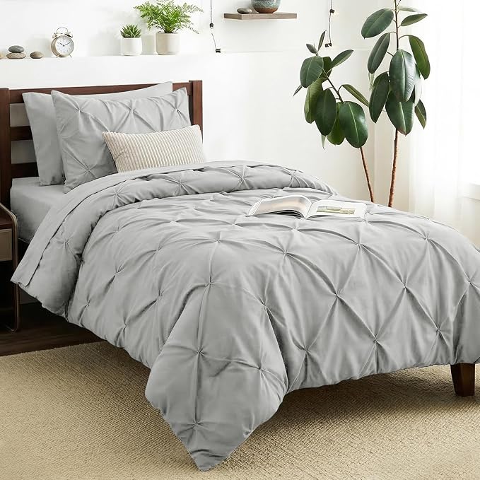CozyLux Twin XL Comforter Set Light Grey, 5 Pieces Twin Extra Long Pintuck Bed by CozyLux