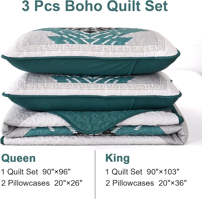 Dintszyayue Teal Boho Quilt Set Queen 3 Pieces Turquoise Aztec Texture - Image 7