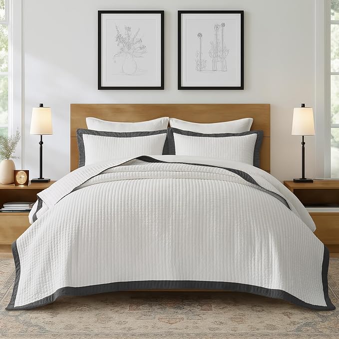 EVERGRACE Cotton Border Frame Tack-Stitch Quilt Bedding Set King Size, Coastal by EVERGRACEHOME