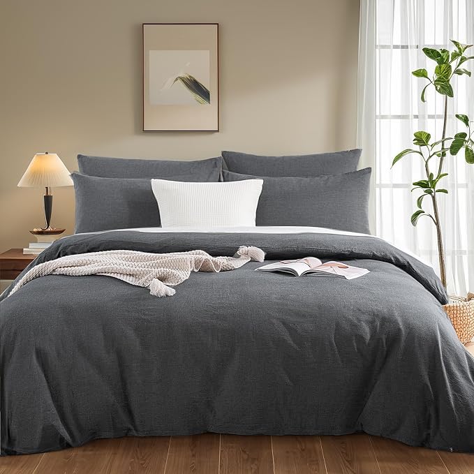 NEXHOME PRO Duvet Cover Full 100% Washed Cotton, Heathered Black Breathable - Image 2
