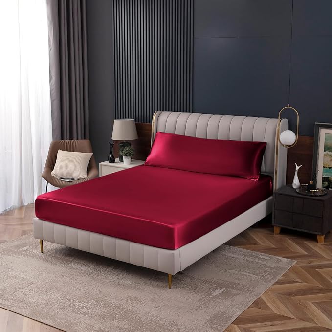 Homiest Burgundy Satin Fitted Sheet King Size, Deep Pocket, Luxury & Ultra Soft - Image 7