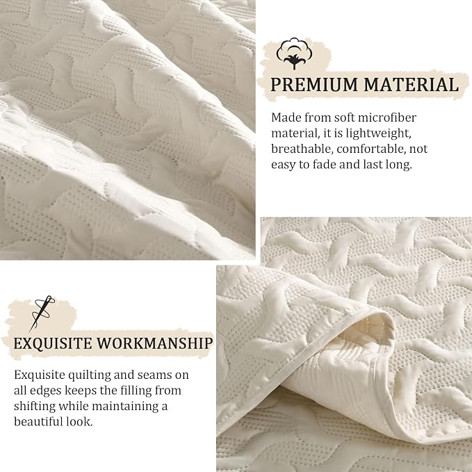 Yiran Beige Quilt Set King Size Lightweight Bedspread Ultrasonic Wave Pattern - Image 6