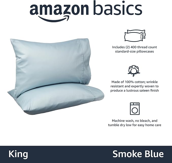 Amazon Basics 400 Thread Count 100% Cotton Pillow Cases, Sateen Weave, King Size - Image 2