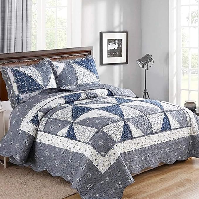Oversized King Size Grey Floral Plaid Patchwork Quilt Set 128x120 Extra Wide by VIVILINEN