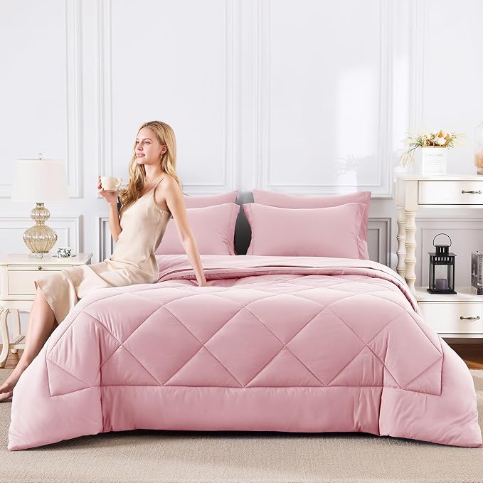 CozyLux Oversized King Comforter Set Pink, 7 Pieces Bed in a Bag Comforter Set - Image 7