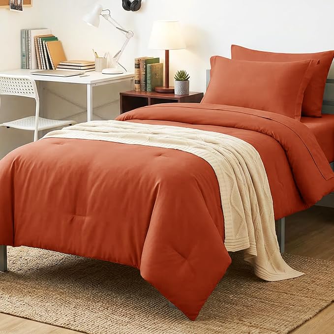 CozyLux Twin XL Comforter Set Burnt Orange, 5 Pieces Bed in a Bag Twin Extra by CozyLux