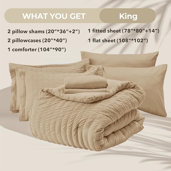 HYMOKEGE Khaki King Size Comforter Set Seersucker 7 Pieces, All Season Luxury - Image 5