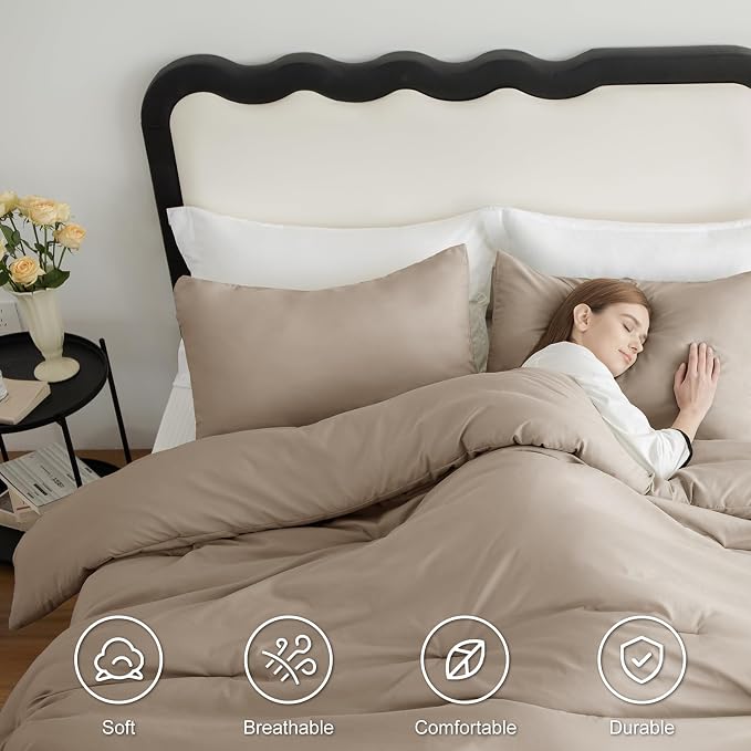 CozyLux Queen Comforter Set Khaki, 3 Pieces Solid Comforters Queen Size - Image 5
