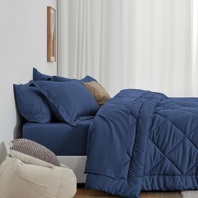 Love's cabin Queen Comforter Set Dark Blue, 7 Pieces Queen Bed in a Bag - Image 3