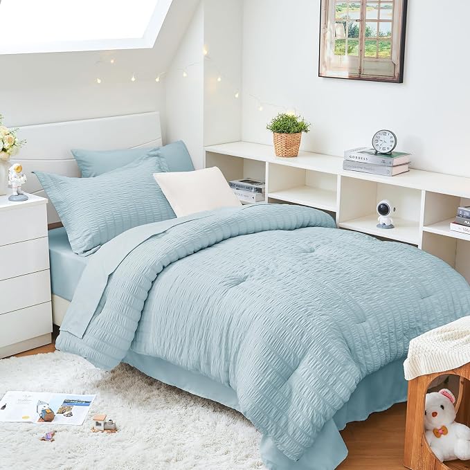 HYMOKEGE Lake Blue Twin XL Comforter Set Seersucker 5 Pieces, All Season Luxury by HYMOKEGE