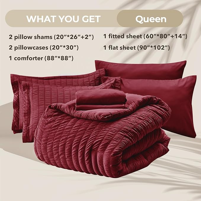 HYMOKEGE Burgundy Queen Comforter Set Seersucker 7 Pieces, All Season Luxury - Image 5