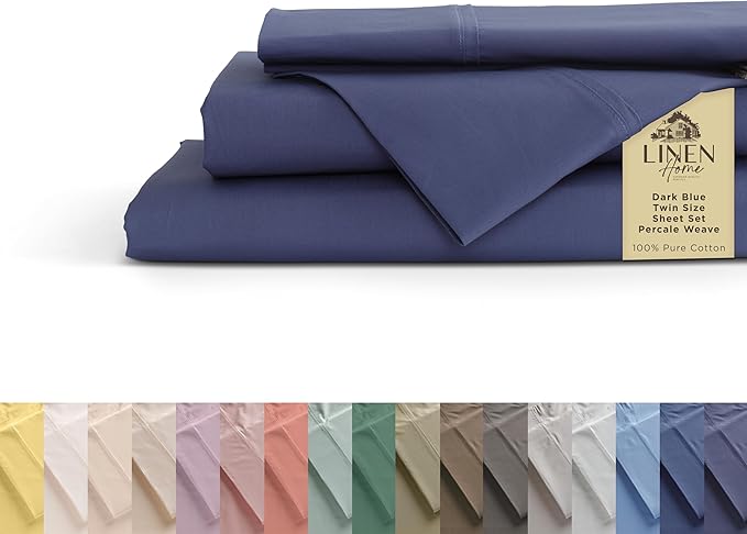 Linen Home 100% Cotton Percale Twin Sheets 3-Piece Set, Soft Breathable & by LINENHOME