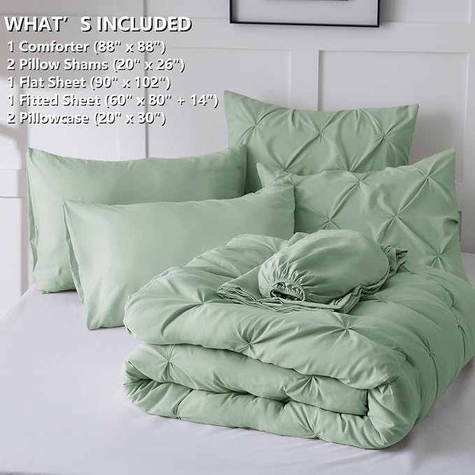 CozyLux Queen Comforter Set Sage Green, 7 Pieces Pintuck Bed in A Bag, Premium - Image 7